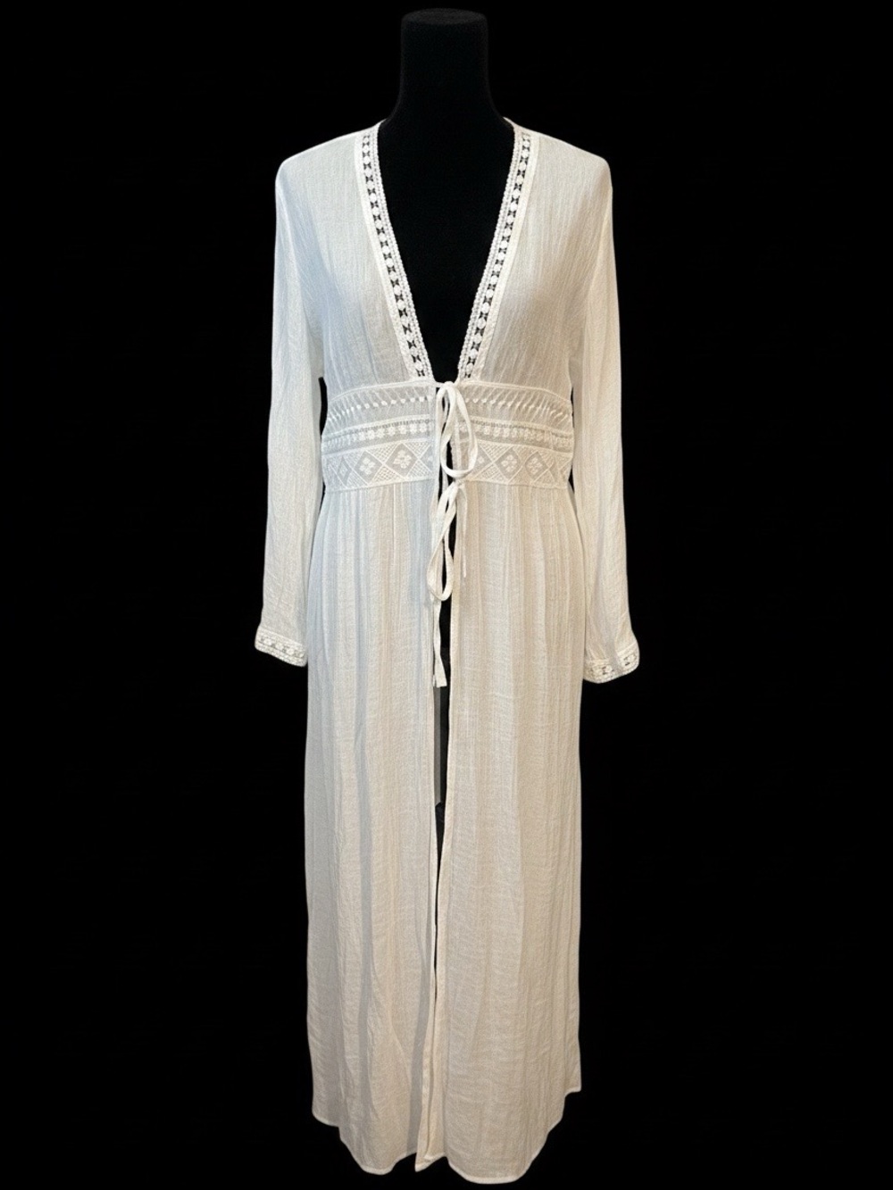 Ethereal Crochet Gauzy White Cottage Floral Robe  Tie-Front  Womens Large